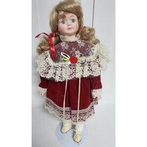 Vintage Tender Hearts Porcelain Doll No. 594 Red Velvet Lace Dress w/ Stand
